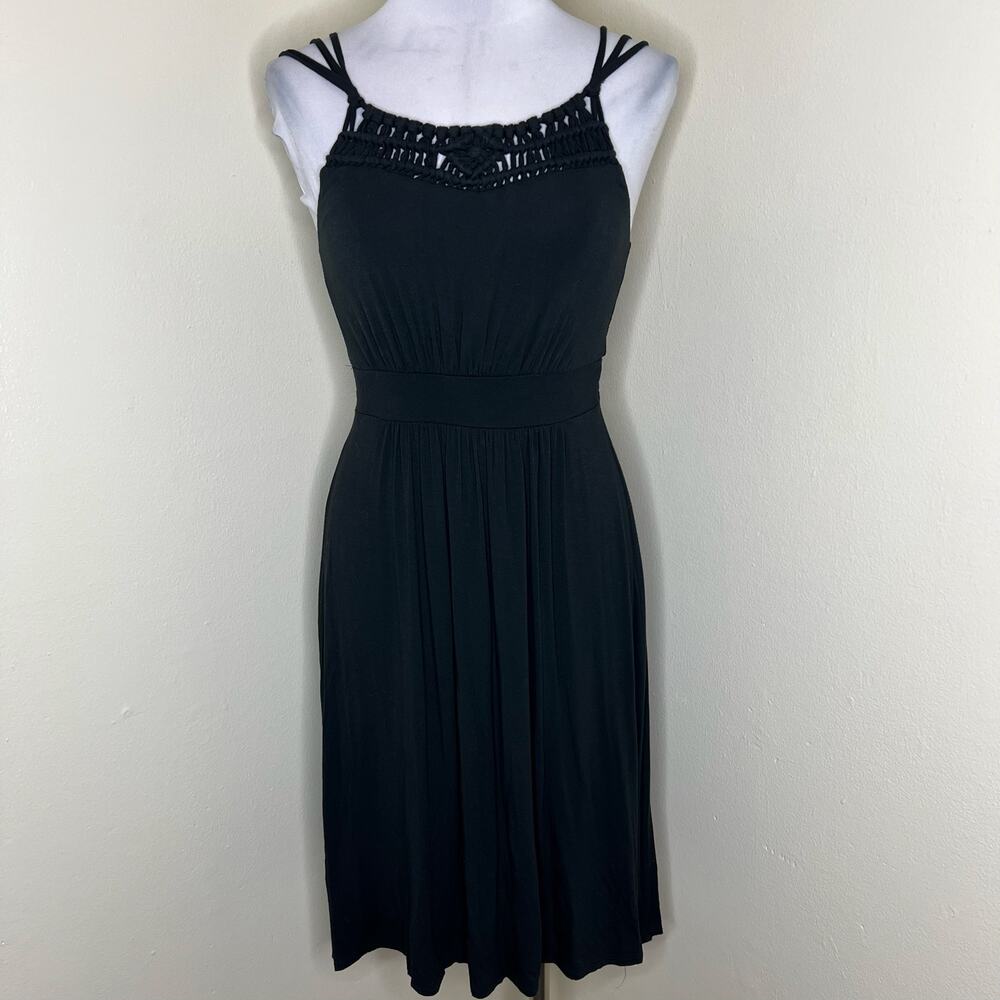 LOFT Ann Taylor Dress SMALL Black Crochet Gathered Smocked Jersey Knit Mini Chic